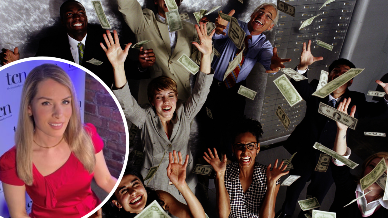 Image of people throwing their hands up catching cash; Lelde Smits