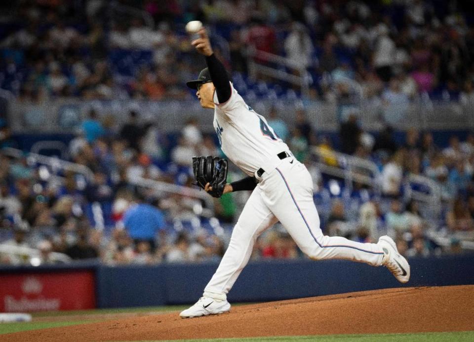 Miami Marlins starting pitcher Jesús Luzardo (44) throws the first pitch during the first inning of a baseball game against the Atlanta Braves on Sunday, Sept. 17, 2023, at loanDepot Park in Miami, Fla.