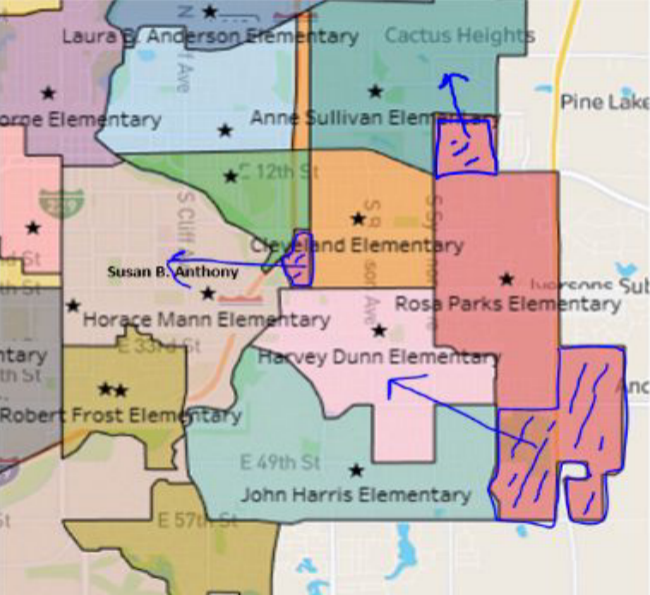 A rendering of the boundary changes to come at Rosa Parks Elementary School. The northernmost boundary adjustment was approved in a prior board meeting. The two remaining changes pictured here were approved Monday night.