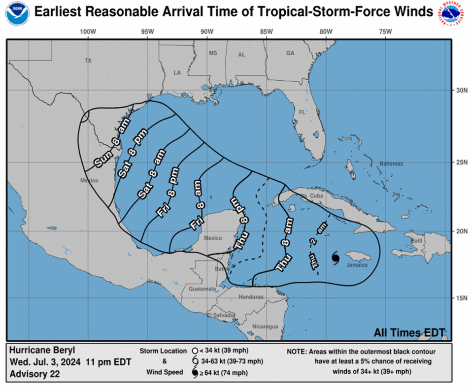 Map shows arrival time of tropical storm force winds (NHC)