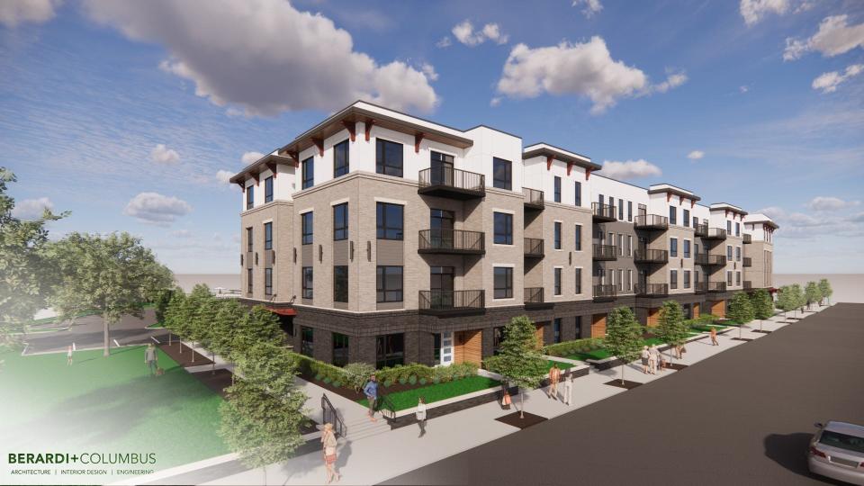 An artist's rendering of The Mingo, a planned 240-unit apartment complex in Evanston on the site of the old Hoffman School building.