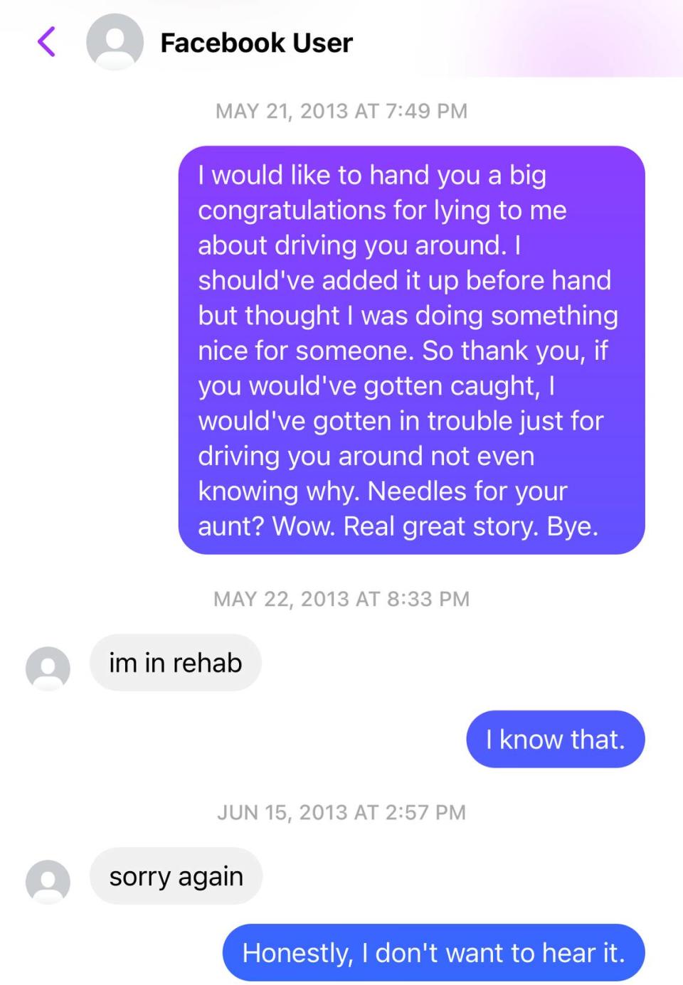 A Facebook Messenger thread between Bryan Kohberger and former high school friend Casey Arntz shows their correspondence in 2013, after she drove Kohberger for an errand that she said she later learned was to buy heroin and needles. Kohberger responded that he was in rehab, which friends from that time said was related to his issues with addiction.