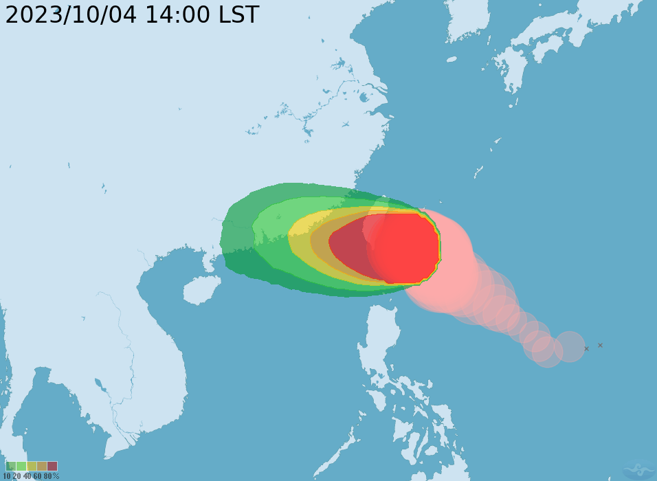 中央氣象署10/4下午2時發布颱風「小犬」暴風圈侵襲機率。中央氣象署提供