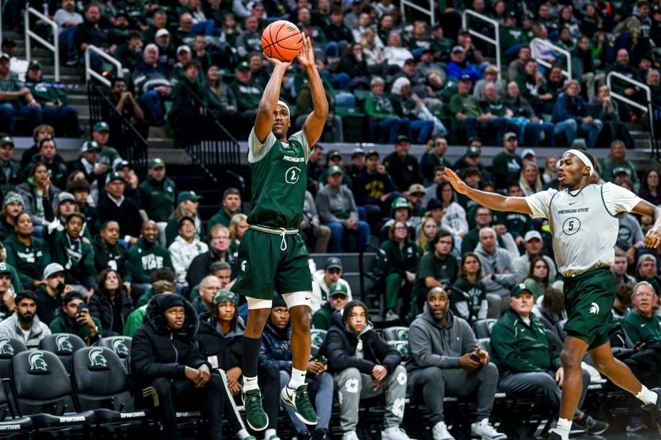 Michigan State's Tyson Walker makes a 3-pointer during the MSU basketball scrimmage Saturday, Oct. 21, 2023, at the Breslin Center in East Lansing.