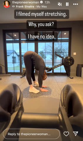 <p>Ree Drummond/Instagram</p> Ree Drummond stretches in workout video shared to Instagram