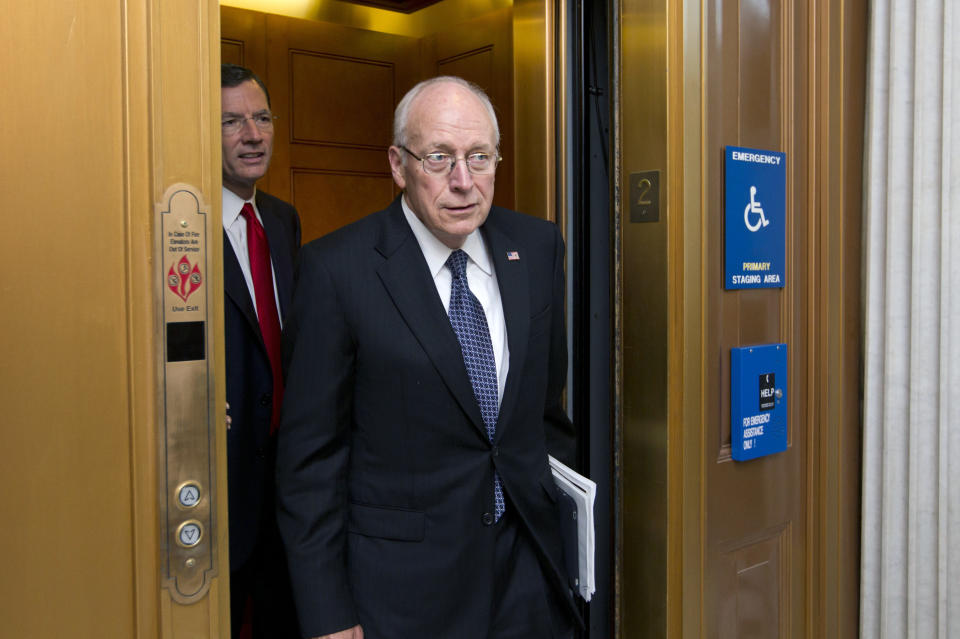 In this July 17, 2012, file photo, former Vice President Dick Cheney returns to the Capitol to meet with Senate Republican leaders at a political strategy luncheon, in Washington. (AP Photo/J. Scott Applewhite, File)