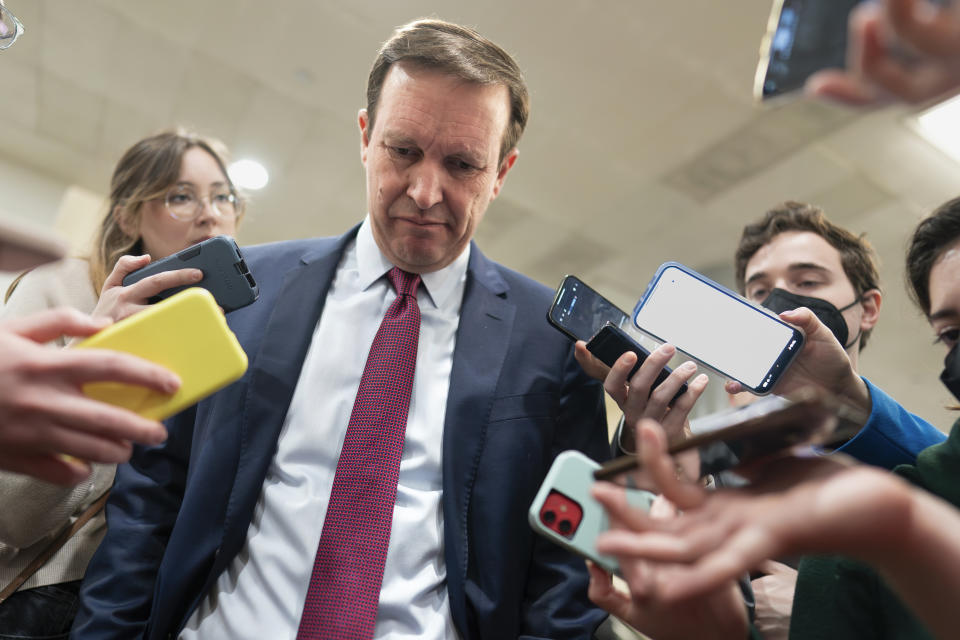 Sen. Chris Murphy, D-Conn., the Democrats' chief negotiator on the border security talks, speaks with reporters at the Capitol in Washington, Thursday, Jan. 25, 2024. Any bipartisan border deal could be doomed because of resistance from former President Donald Trump. (AP Photo/J. Scott Applewhite)