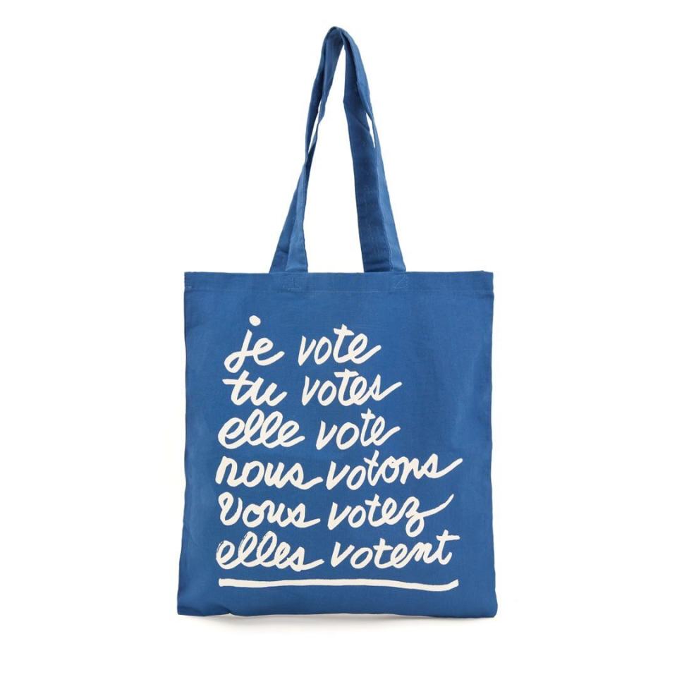 Get the <a href="https://www.clarev.com/products/clare-v-otes-canvas-tote-blue-w-cream-je-vote?gclid=EAIaIQobChMI7Lab7eup6wIVFK_ICh3szQ0qEAQYAyABEgLGiPD_BwE" target="_blank" rel="noopener noreferrer">CV x When We All Vote canvas tote</a> for $25.