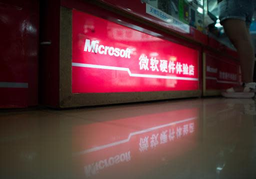 A Microsoft logo at a electronic store in Shanghai on July 29, 2014