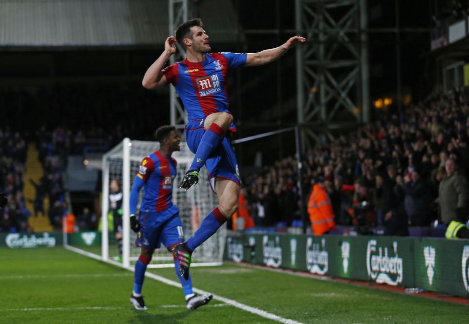 Football Soccer - Crystal Palace v AFC Bournemouth - Barclays Premier League - Selhurst Park - 2/2/16 Scott Dann celebrates scoring the first goal for Crystal Palace Reuters / Eddie Keogh Livepic EDITORIAL USE ONLY. No use with unauthorized audio, video, data, fixture lists, club/league logos or "live" services. Online in-match use limited to 45 images, no video emulation. No use in betting, games or single club/league/player publications. Please contact your account representative for further details.