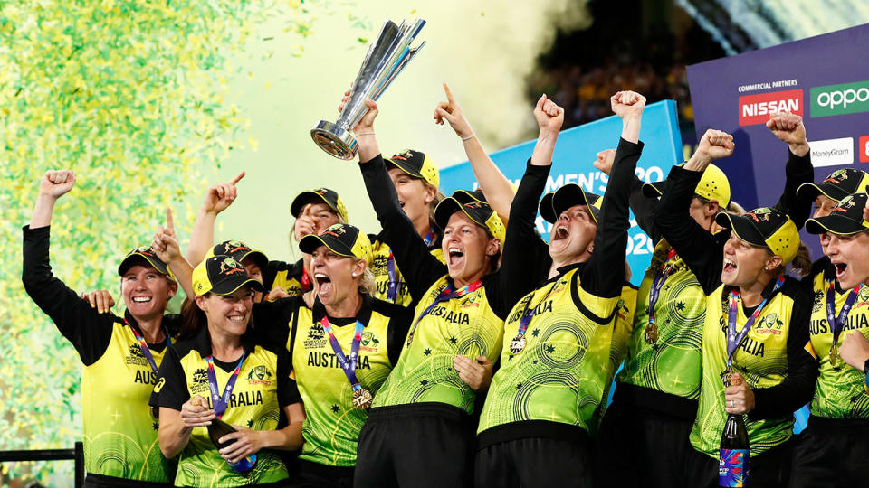 The Aussies celebrate their fifth Women's T20 World Cup title. Pic: Getty