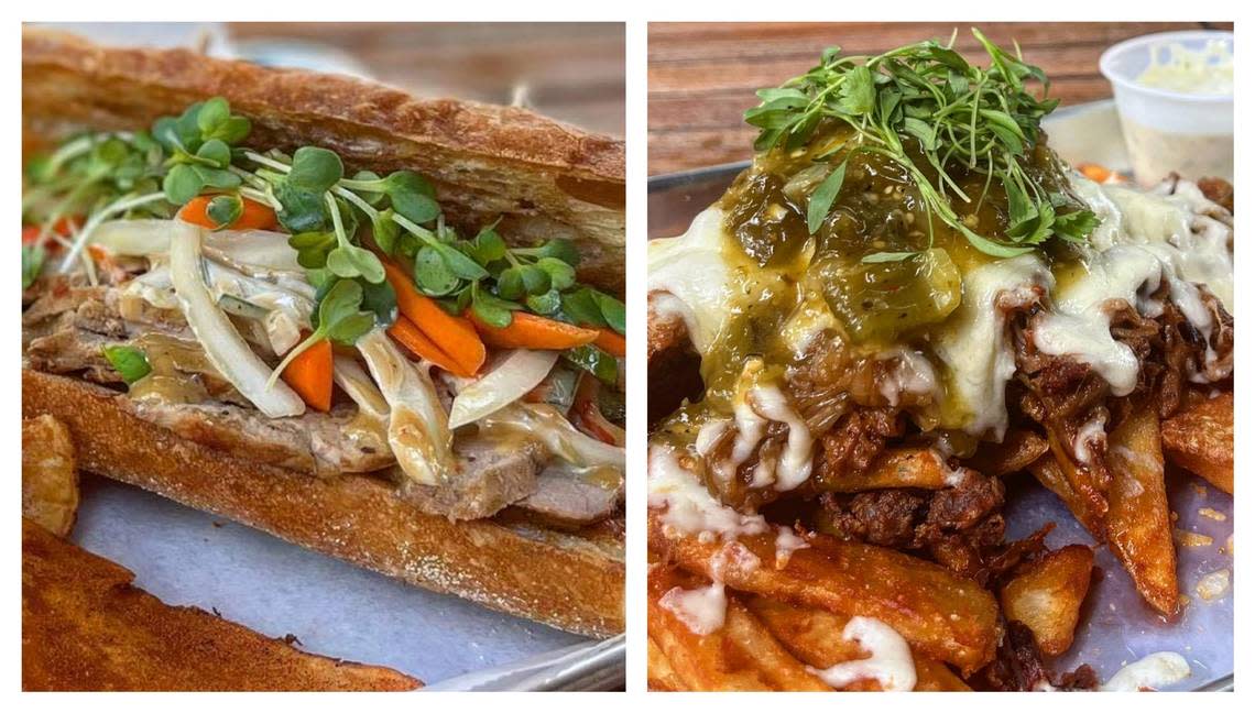 Sprout Momma Bakery’s Bahn Mi, left, is crispy tempura shrimp tossed in sriracha aioli with pickled veggie salad, hoisin mayo, hot pepper preserves and daikon sprouts on a grilled baguette. At right, an order of fries is topped with carnitas, caramelized onions and melted cheese.