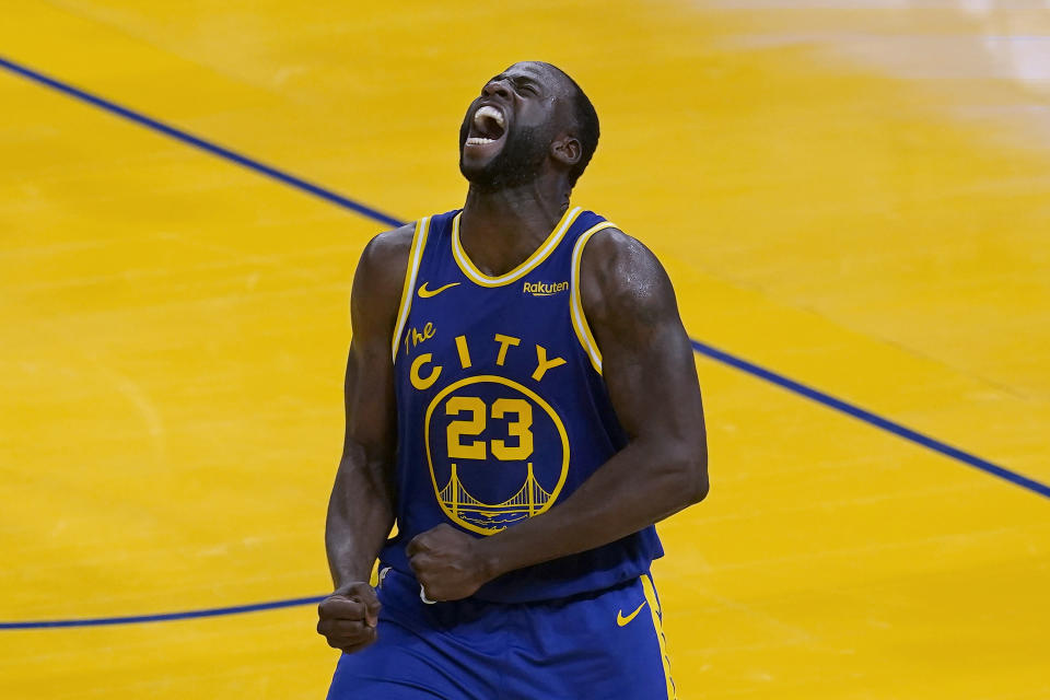 Golden State Warriors forward Draymond Green celebrates during the second half of the team's NBA basketball game against the Phoenix Suns in San Francisco, Tuesday, May 11, 2021. (AP Photo/Jeff Chiu)