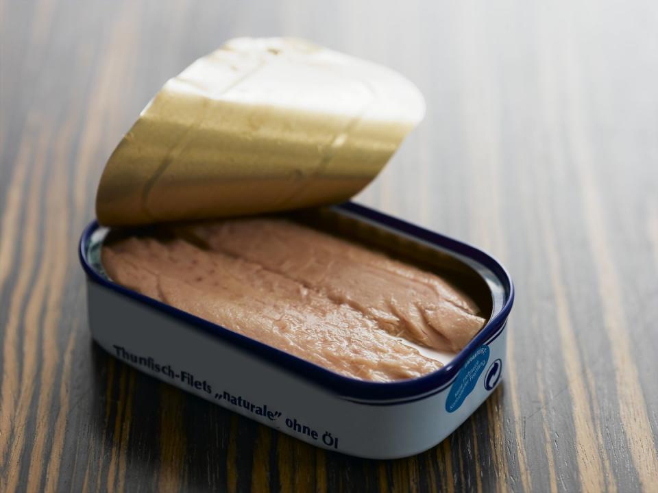 Can of tuna fish, close-up, elevated view