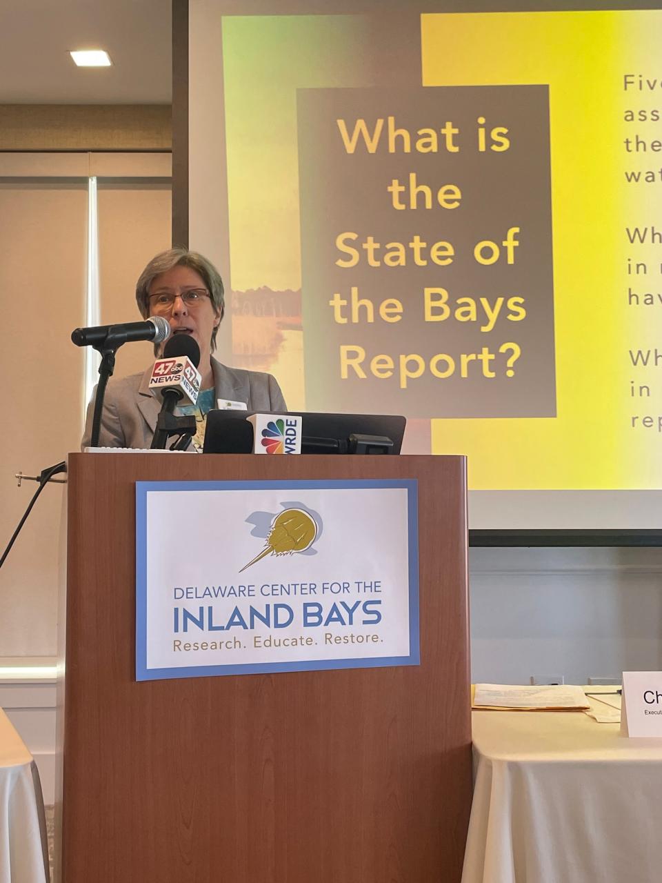 Marianne Walch, co-author of the 2021 "State of the Bays" report and former Delaware Center for the Inland Bays Science and Restoration Coordinator, spoke at a press conference at Hyatt Dewey Beach March 27, 2023.