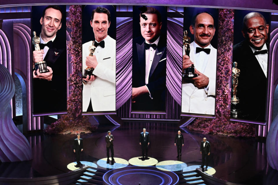 Nicolas Cage, Matthew McConaughey, Brendan Fraser, Ben Kingsley, and Forest Whitaker present the award for Best Actor on March 10, 2024. <span class="copyright">Patrick T. Fallon—AFP via Getty Images</span>
