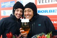 WINTERBERG, GERMANY - DECEMBER 08: Elana Meyers (R) and Katie Eberling of United States celebrate their second place during the two women's bob competition during the FIBT Bob & Skeleton World Cup at Bobbahn Winterberg on December 8, 2012 in Winterberg, Germany. (Photo by Christof Koepsel/Bongarts/Getty Images)