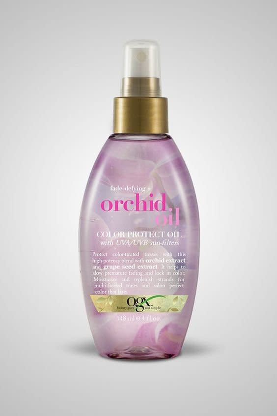 Celebrity hairstylist Bobby Eliot recommended this Ogx oil, which also has UVA/UVB sun filters to protect your hair.<strong> <br /><br /><a href="https://www.walmart.com/ip/OGX-Orchid-Oil-Color-Protect-Oil-4-0-FL-OZ/55204357" target="_blank" rel="noopener noreferrer">Get the&nbsp;Ogx Orchid Oil color protect oil for $7.96.</a></strong>