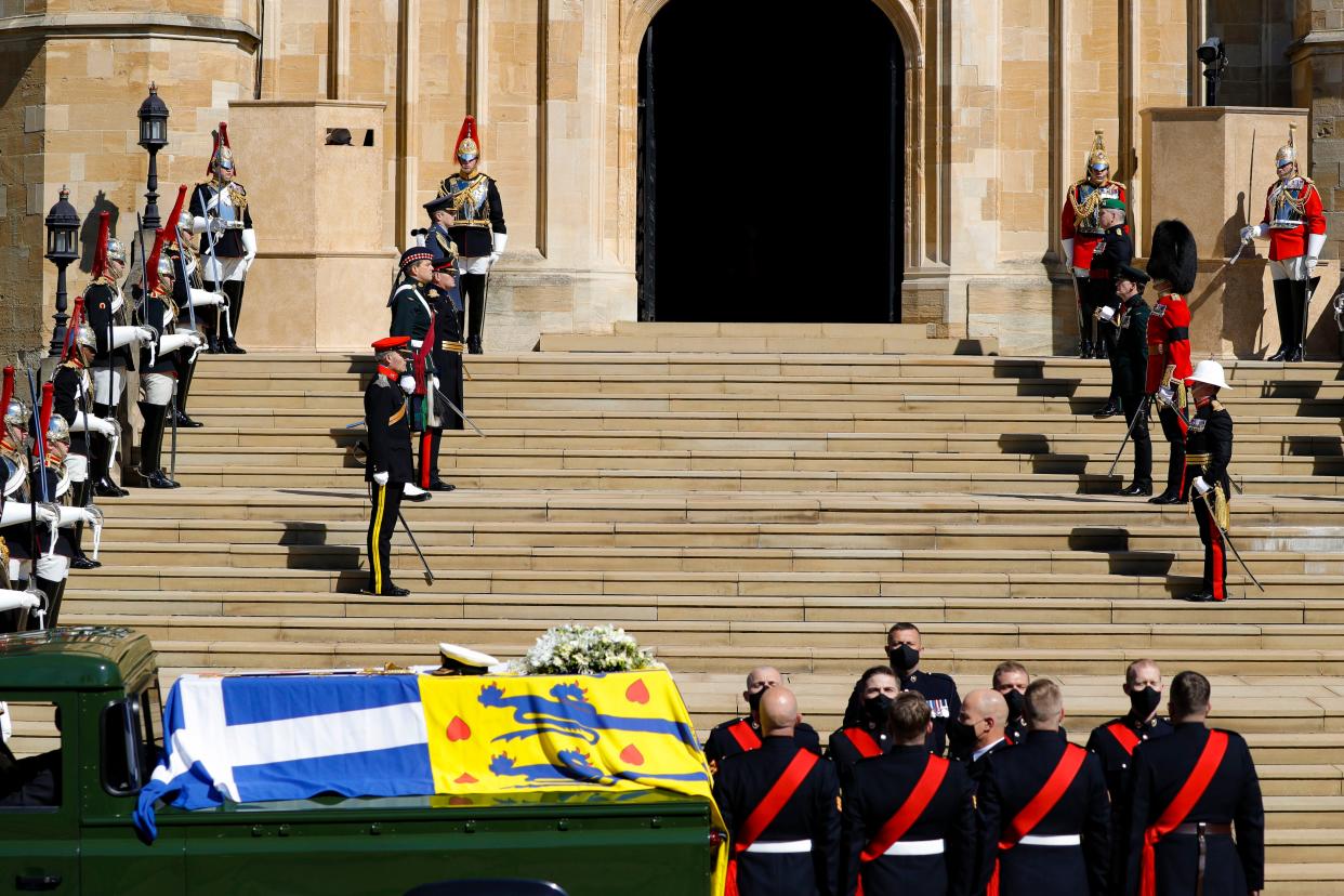 The coffin arrives at St George's Chapel for the funeral of Britain's Prince Philip inside Windsor Castle in Windsor, England, Saturday, April 17, 2021.