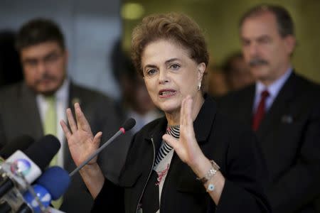 Brazil's President Dilma Rousseff speaks during a news conference at the Planalto Palace in Brasilia, Brazil March 11, 2016. REUTERS/Ueslei Marcelino