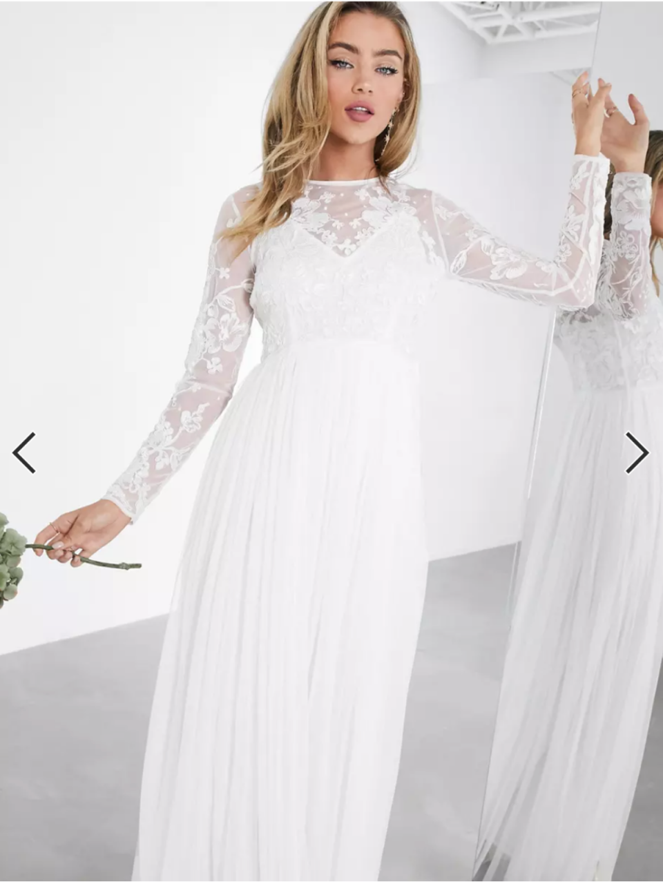 Model wearing ASOS EDITION Ayla embroidered bodice maxi wedding dress