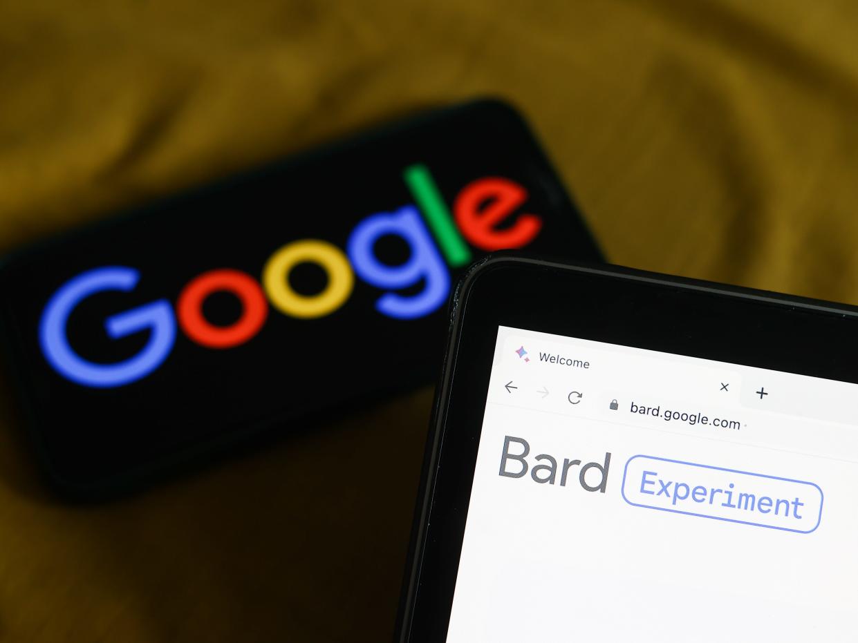 Google logo displayed on a phone screen and Bard website displayed on a laptop screen are seen in this illustration photo taken in Krakow, Poland on March 21, 2023.