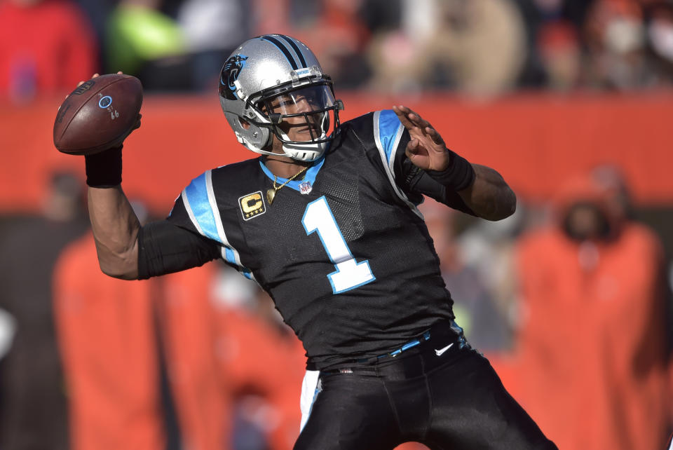 Carolina Panthers quarterback Cam Newton throws during the first half of an NFL football game against the Cleveland Browns, Sunday, Dec. 9, 2018, in Cleveland. (AP Photo/David Richard)