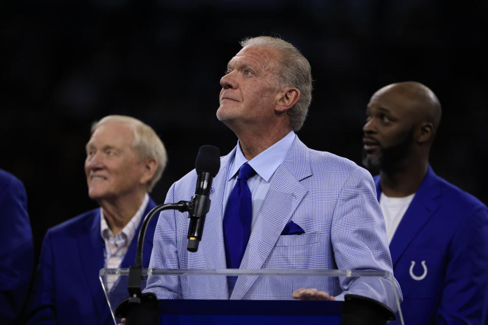 INDIANAPOLIS, INDIANA - OCTOBER 30: Indianapolis Colts Owner Jim Irsay looks on during the Indianapolis Colts Ring of Honor ceremony for Tarik Glenn during halftime of a game against the Washington Commanders at Lucas Oil Stadium on October 30, 2022 in Indianapolis, Indiana. (Photo by Justin Casterline/Getty Images)