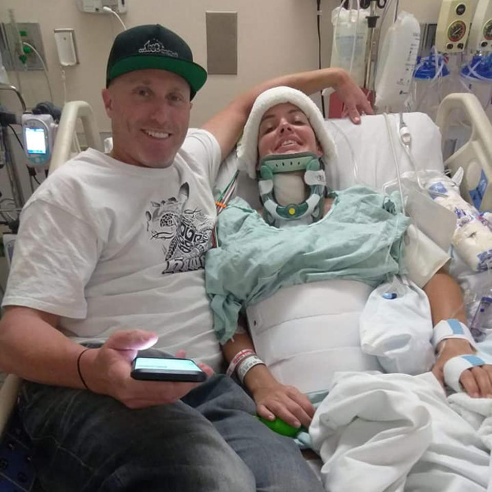 The newlywed broke her neck in two places after a wave crashed into her while she boogie boarded in Maui. Source: Nikki’s Hope/Facebook