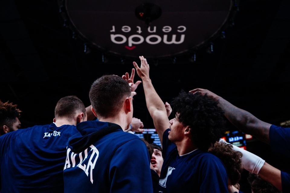 Xavier's men's basketball team huddles together before facing No. 8 Duke in the Phil Knight Legacy semifinals on Friday, Nov. 25, 2022, at the Moda Center in Portland, Oregon.