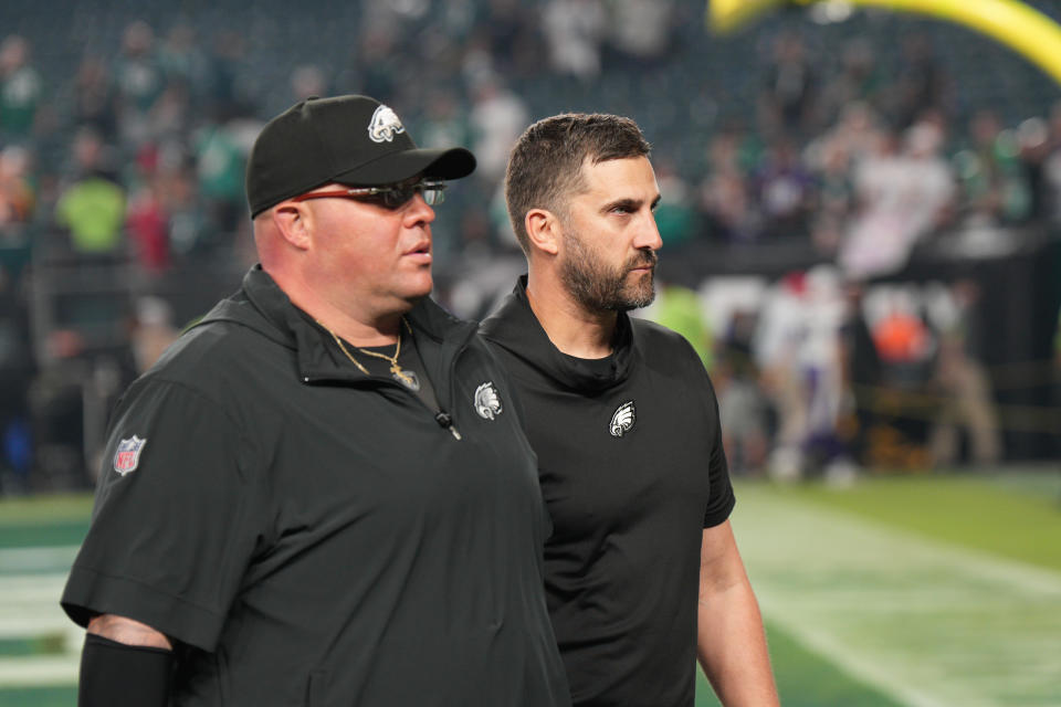 Philadelphia Eagles head coach Nick Siriani and security head Dom DiSandro walk to the locker room in a game from early this season. (Photo by Andy Lewis/Icon Sportswire via Getty Images)