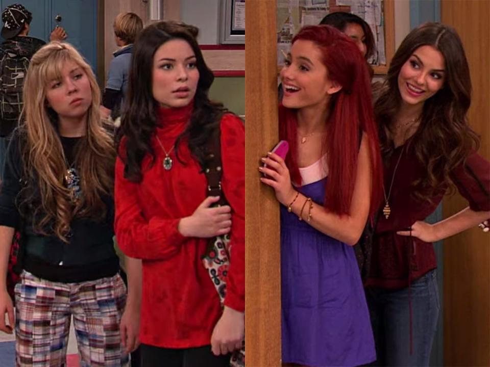 On the left: Jennette McCurdy and Miranda Cosgrove in "iCarly." On the right: Ariana Grande and Victoria Justice in "Victorious."