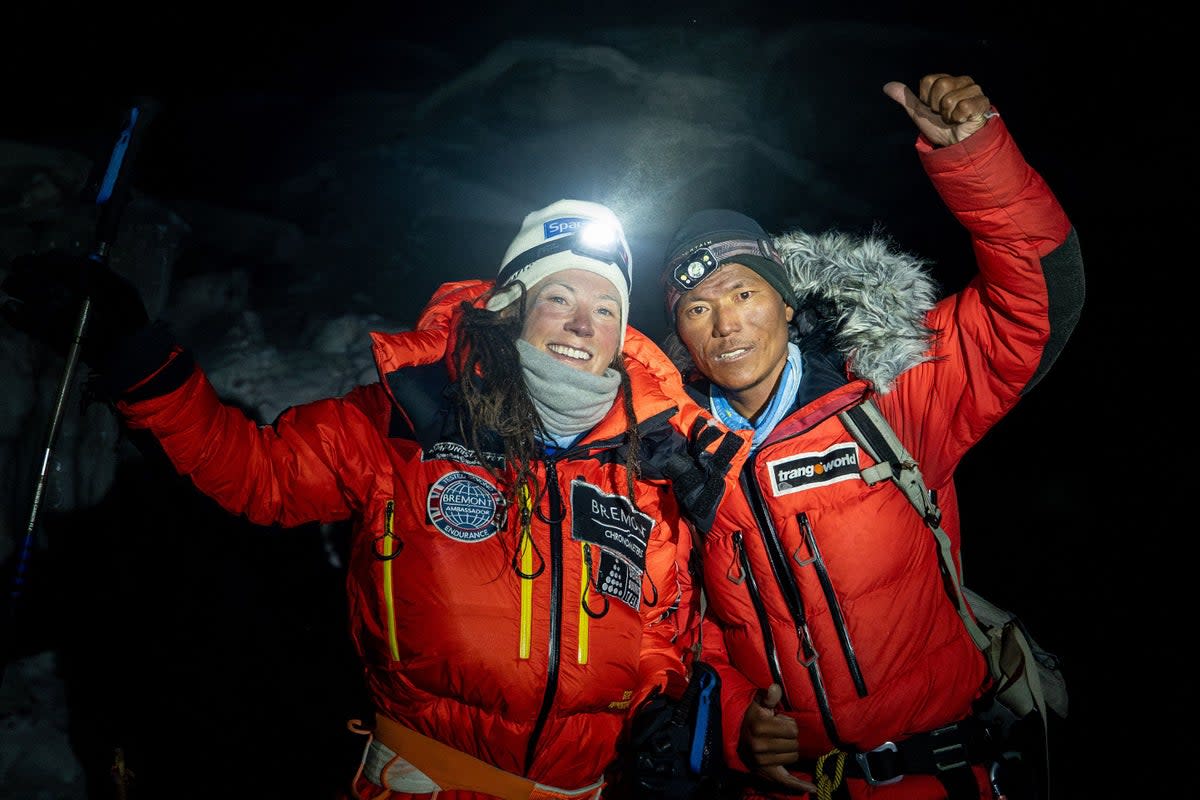 Kristin Harila (L) and Nepali guide Tenjin Sherpa at Kanchenjunga, the third-highest mountain in the world (Courtesy of Field Productions/AF)