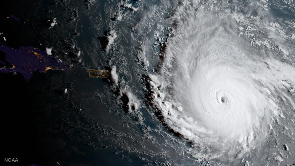 Hurricane Irma, a potentially catastrophic category 5 hurricane, moves westward, Tuesday morning, Sept. 5, 2017. (NOAA via AP)