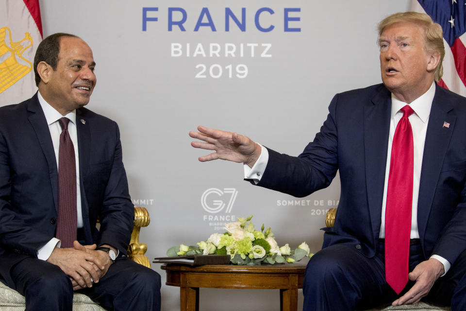 President Donald Trump and Egyptian President Abdel Fattah al-Sisi, left, participate in a bilateral meeting at the G-7 summit in Biarritz, France, Monday, Aug. 26, 2019. (AP Photo/Andrew Harnik)