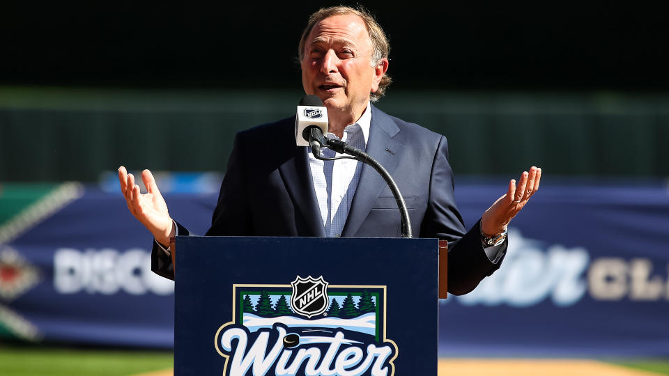 Gary Bettman addresses the media during a press conference for the NHL Winter Classic. (Photo by David Berding/NHLI via Getty Images)