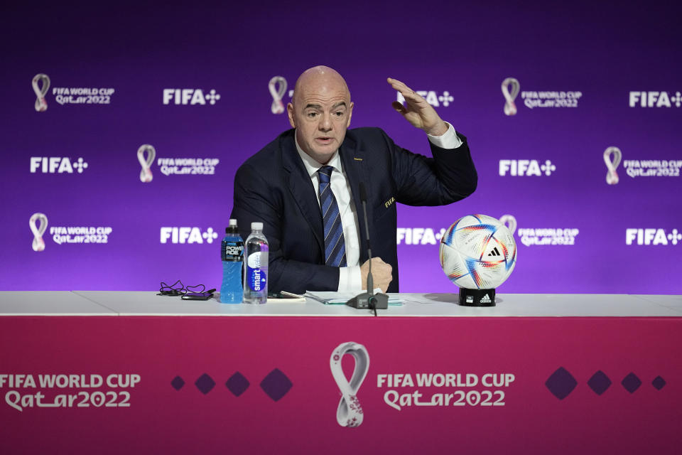 FIFA President Gianni Infantino speaks at a press conference Saturday, Nov. 19, 2022 in Doha, Qatar. (AP Photo/Abbie Parr)