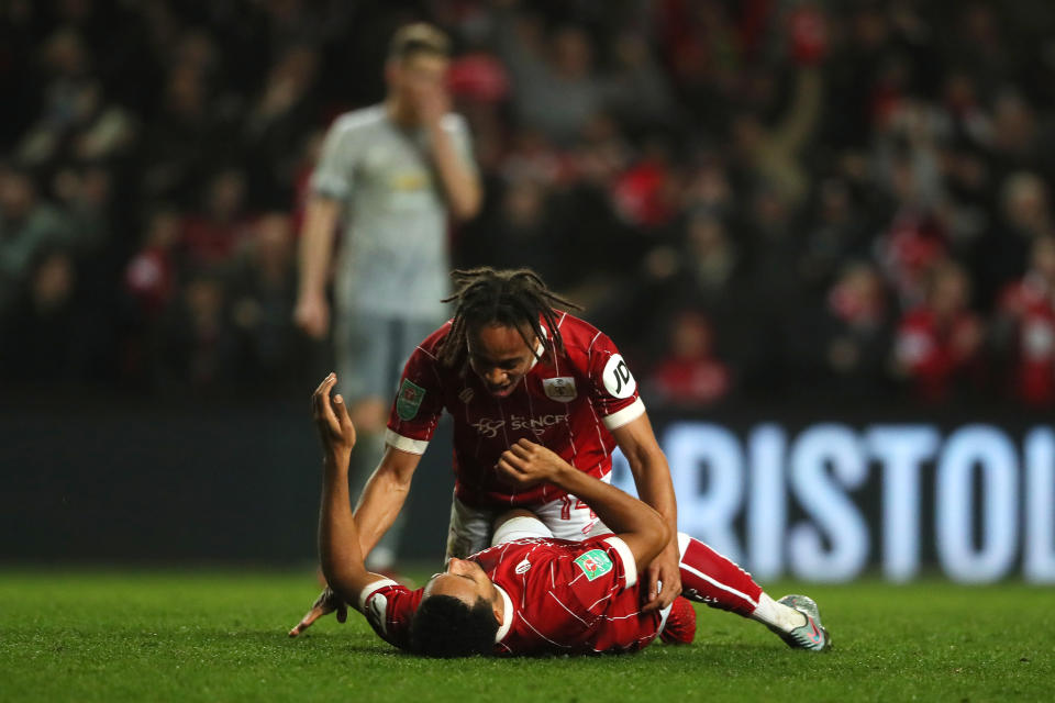 Korey Smith celebrates his late winner for Bristol City against Manchester United. (Getty)