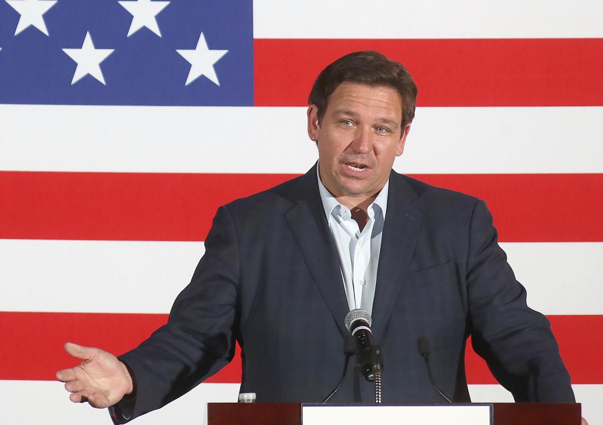 Florida Gov. Ron DeSantis speaks to a crowd of 500 to 1,000 supporters at the Sahib Shriner Event Center last month as part of his Education Agenda Tour across the state. MATT HOUSTON/HERALD-TRIBUNE