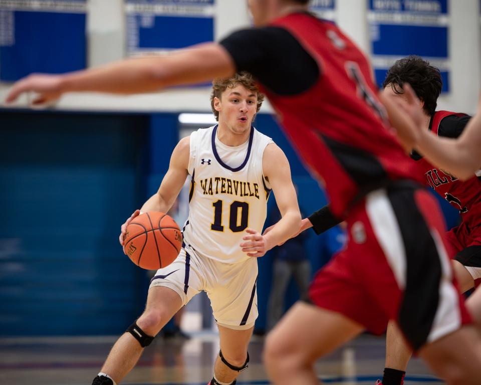 Waterville's Jackson Ruane dribbles the ball against Tully at Whitesboro High School during a Feb. 27 Section III semifinal. Ruane was named the tournament's most valuable player after helping the Eagles win a Class C title.