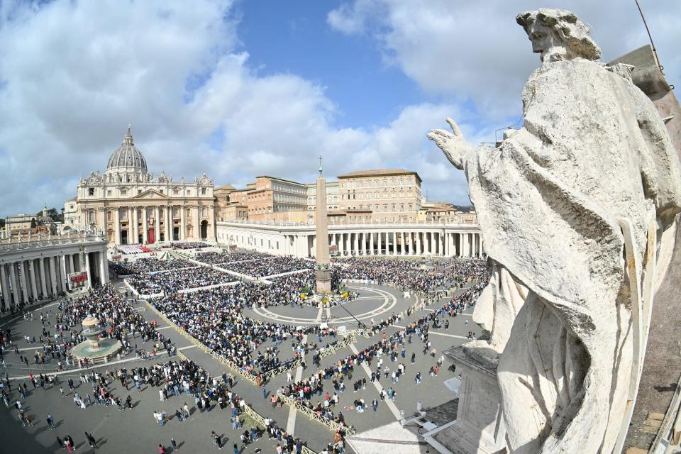 A general view shows the crowd at St Peter's square during the Palm Sunday holy mass in the Vatican on March 24, 2024.