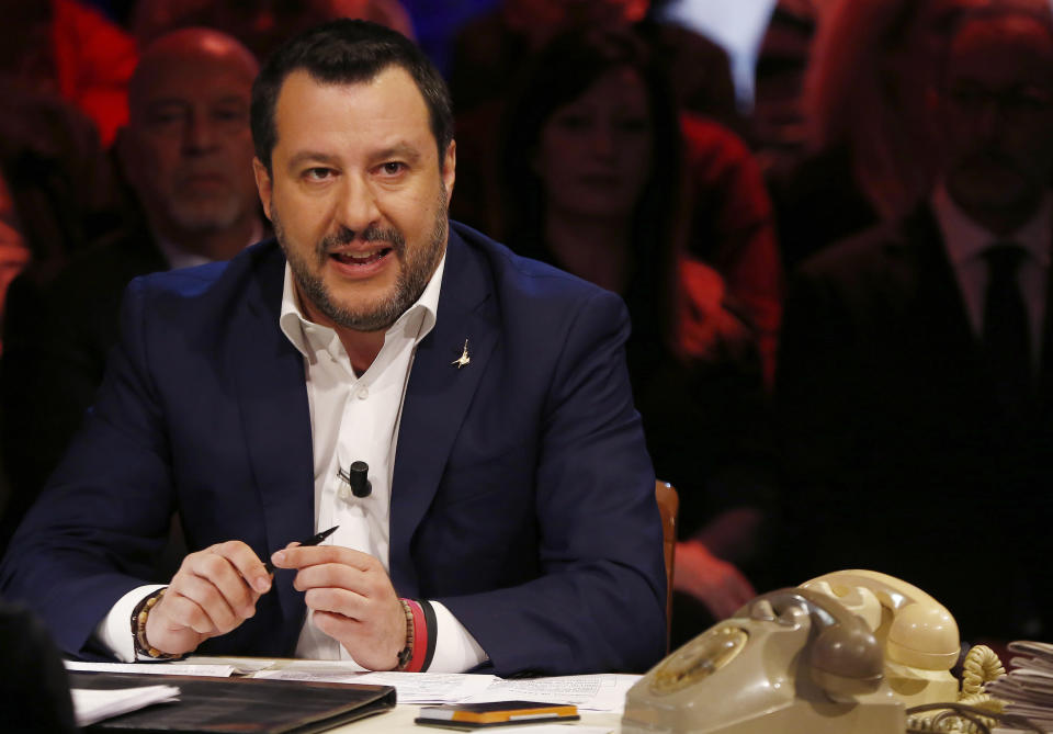 Matteo Salvini, leader of The League party, attends a TV show in Rome, Tuesday, Jan. 28, 2020. (Cecilia Fabiano/Lapresse via AP)