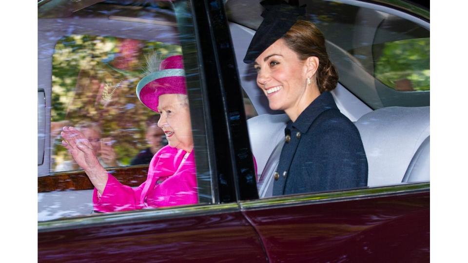 Queen Elizabeth II and Catherine, Duchess of Cambridge are driven to Crathie Kirk Church before the service on August 25, 2019