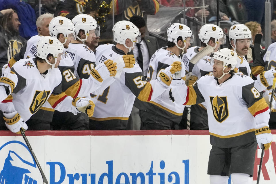 Vegas Golden Knights right wing Jonathan Marchessault (81) celebrates after scoring against the New Jersey Devils during the second period of an NHL hockey game, Monday, Jan. 22, 2024, in Newark, N.J. (AP Photo/Mary Altaffer)