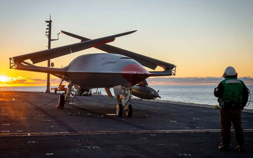 An MQ-25 Stingray on board a U.S. Navy carrier deck. <em>Boeing</em>