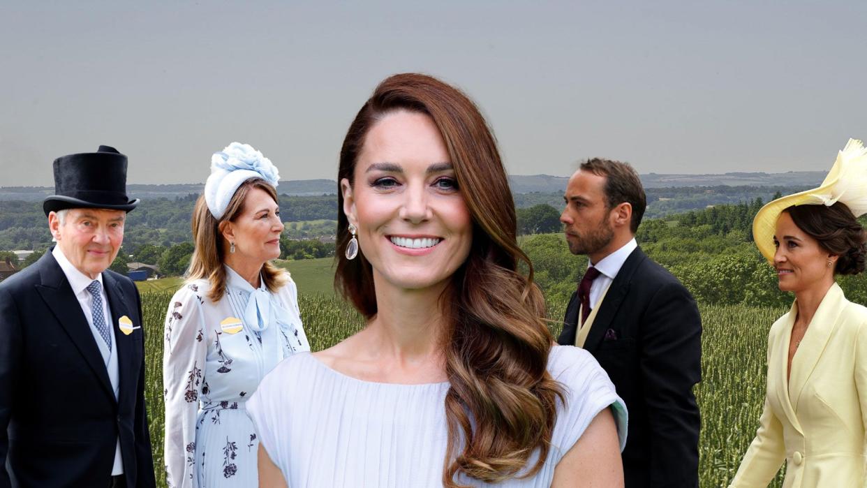 Princess Kate on countryside backdrop with carole, michael, james, pippa middleton