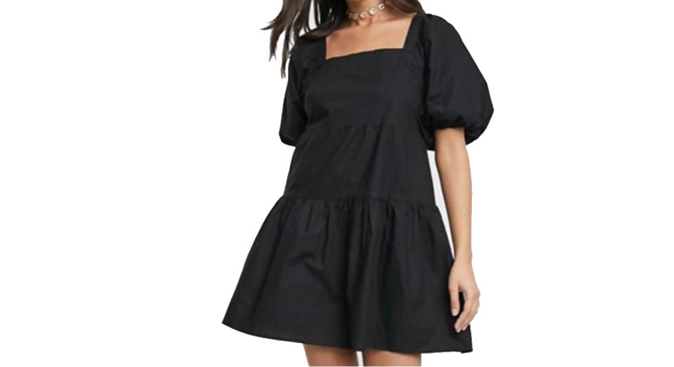 Influence puff sleeve tiered square neck mini smock dress in black 