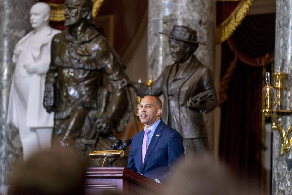 House Minority Leader Hakeem Jeffries of N.Y., speaks during an unveiling ceremony for the Congressional statue of Willa Cather, in Statuary Hall on Capitol Hill in Washington, Wednesday, June 7, 2023. Willa Cather was one of the country's most beloved authors, writing about the Great Plains and the spirit of America. (AP Photo/Andrew Harnik)