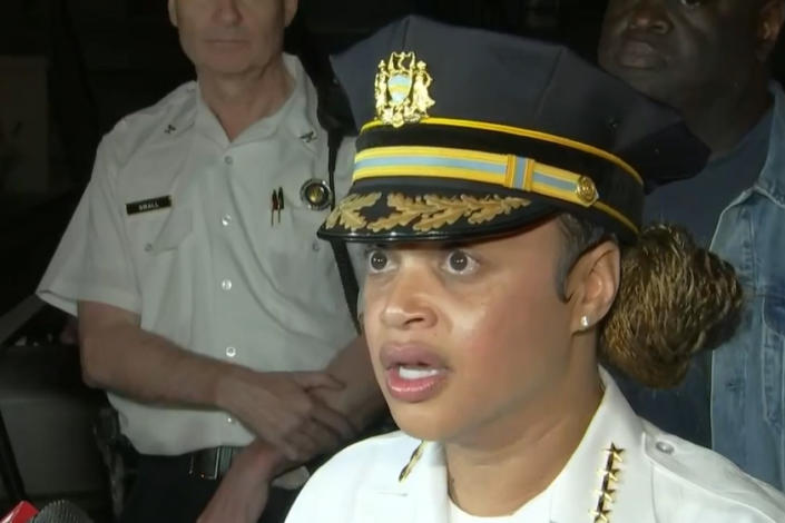 Philadelphia Police Commissioner Danielle Outlaw briefs the media following Monday night's fatal shooting.  (NBC Philadelphia)