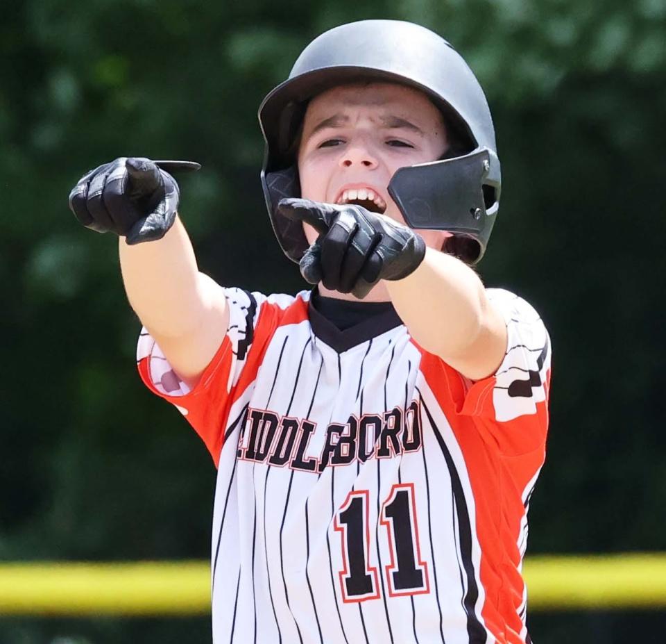 Middleboro 12U Nationals Mike Marzelli celebrates his double during a game versus Concord, New Hampshire at Bartlett Giamatti Little League Leadership Training Center in Bristol, Connecticut for the New England Regional tournament on Wednesday, August  10, 2022.